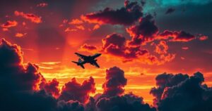 Dramatic sunset over military aircraft silhouetted against clouds, blue and orange tones reflect tension in the air.