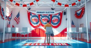 Voters casting ballots at a polling station during a primary election in Virginia, showcasing civic engagement.