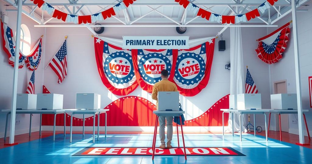 Voters casting ballots at a polling station during a primary election in Virginia, showcasing civic engagement.