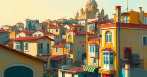 Peaceful cityscape of Beirut with vibrant colors, depicting hope and unity after a disaster, in impressionist style.