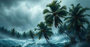A dramatic scene of strong winds and heavy rain affecting a tropical landscape during a cyclone, showcasing nature's fury.