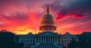 US Capitol building with vibrant sunset, symbolizing political debate and legislation.