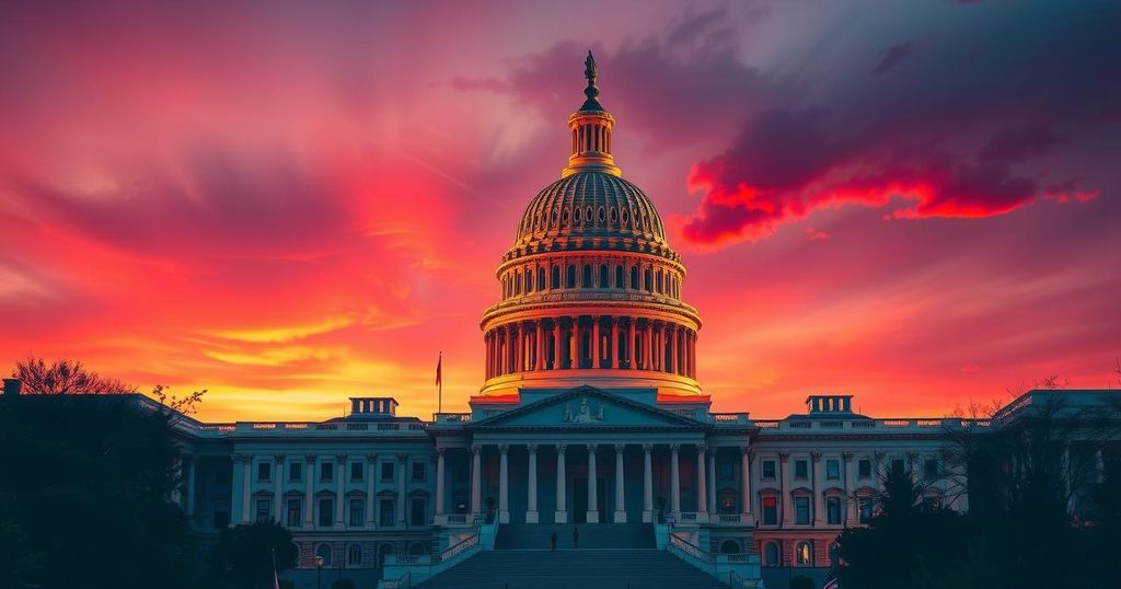 US Capitol building with vibrant sunset, symbolizing political debate and legislation.