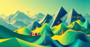 An abstract representation of global market dynamics influenced by political cycles, featuring vibrant colors, strategy, and growth.