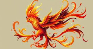 A phoenix rising concept showcasing resilience and renewal with vibrant colors and abstract shapes.