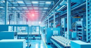 An industrial scene showing a battery manufacturing plant, focusing on production lines and modern machinery.