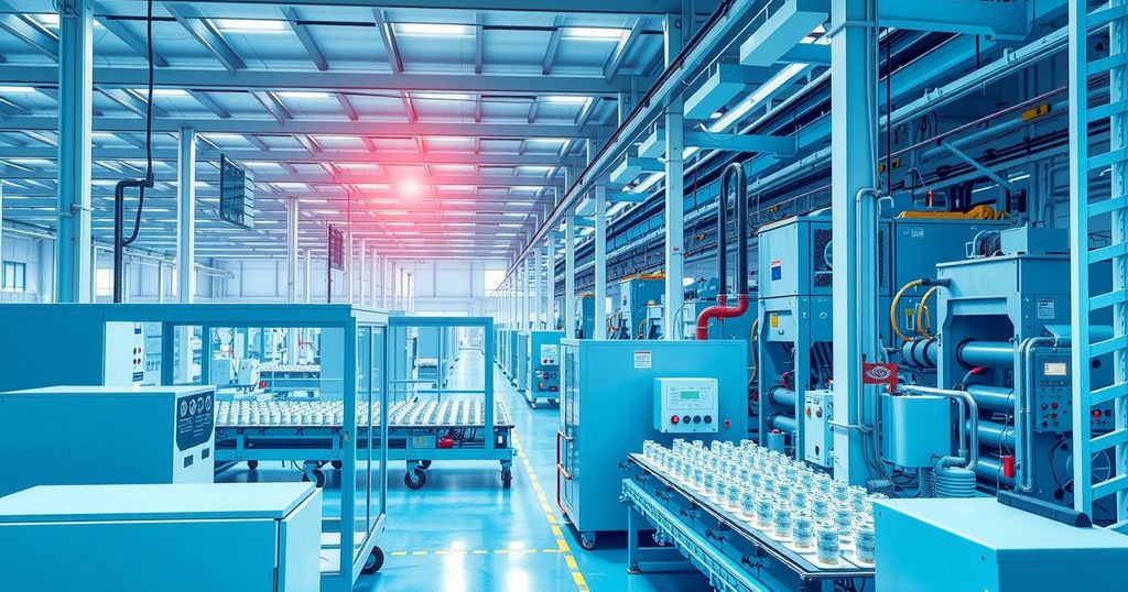 An industrial scene showing a battery manufacturing plant, focusing on production lines and modern machinery.