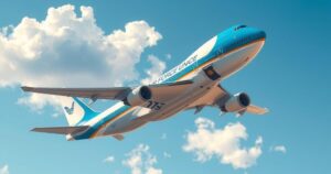 Air Force One soaring above clouds symbolizing political victory and international diplomacy in vibrant colors.