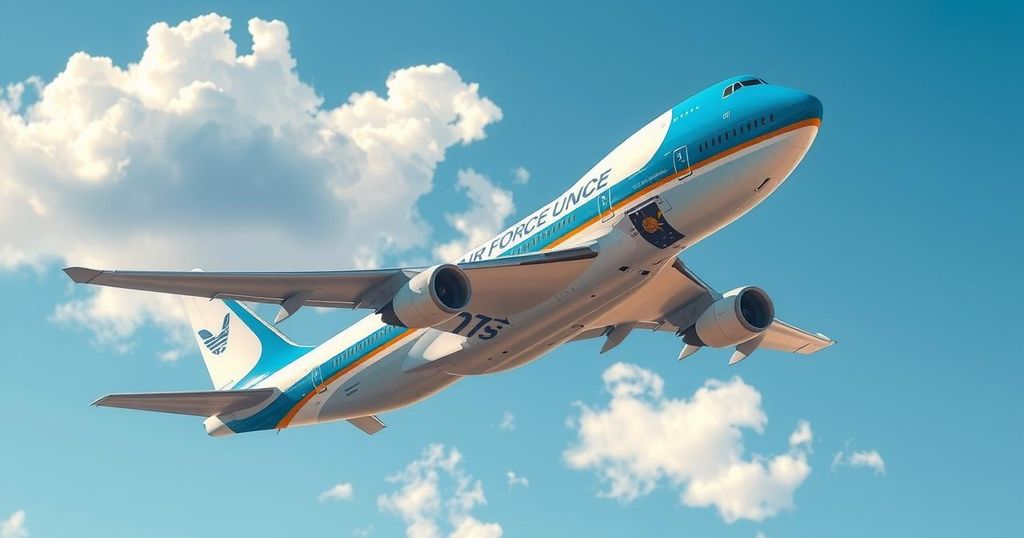 Air Force One soaring above clouds symbolizing political victory and international diplomacy in vibrant colors.