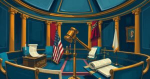 Congress discussing War Powers Resolution, political debate and tension in a stylized legislative setting.