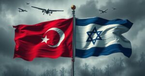 A depiction of a tense political landscape between Turkey and Israel, symbolized by distinct flags and military elements.