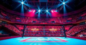 A colorful wrestling ring set up for a tournament in a sports arena, under bright lights with excitement in the air.
