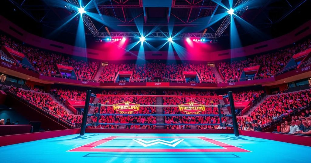 A colorful wrestling ring set up for a tournament in a sports arena, under bright lights with excitement in the air.