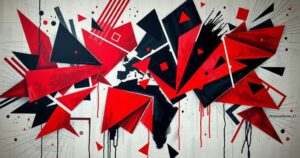 Abstract representation of international tensions with dark colors and fragmented shapes symbolizing conflict.