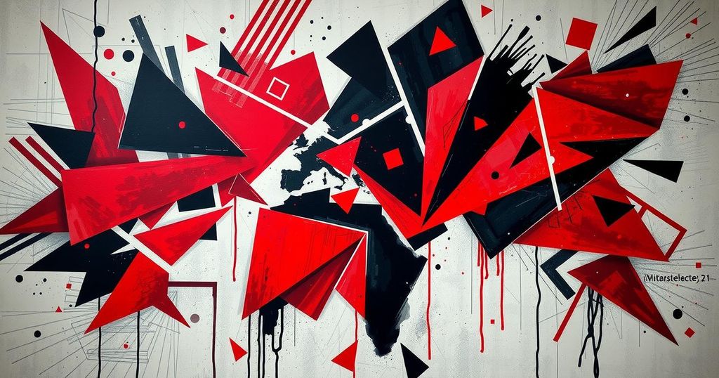 Abstract representation of international tensions with dark colors and fragmented shapes symbolizing conflict.