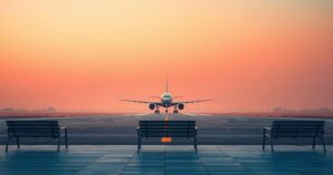 A serene airport scene with an airplane in the background and a sunset sky, symbolizing freedom and travel.