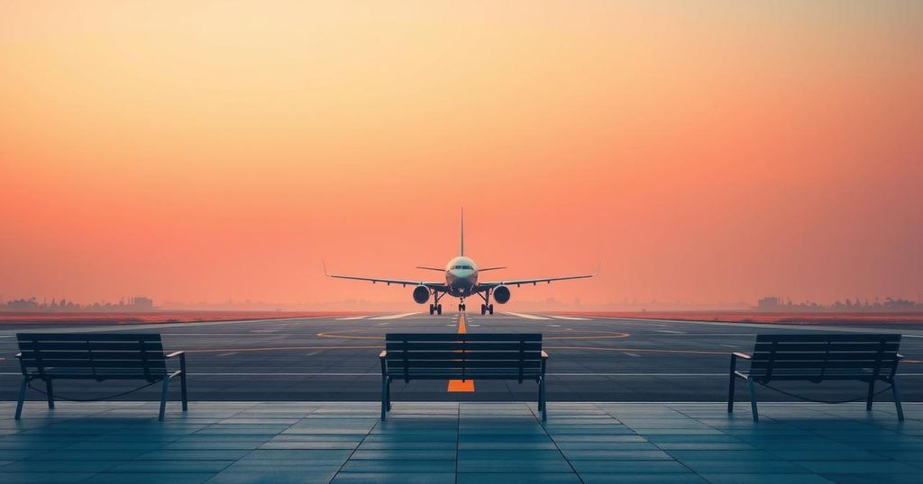 A serene airport scene with an airplane in the background and a sunset sky, symbolizing freedom and travel.