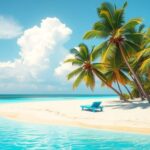 A serene seaside view of a beautiful tropical beach in Mauritius with clear blue waters and palm trees.