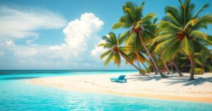 A serene seaside view of a beautiful tropical beach in Mauritius with clear blue waters and palm trees.