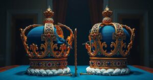 A dramatic clash of egos symbolized by two splintered crowns against a backdrop of a shadowy Oval Office.