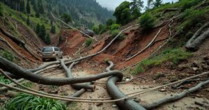 A landscape depicting a landslide aftermath with debris, trees, and mud in a mountainous area, showing nature's power.