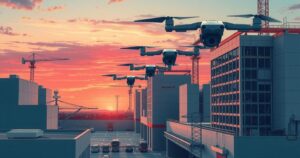 A drone factory surrounded by industrial buildings, with cranes and construction materials under a clear blue sky.