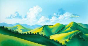 A peaceful landscape symbolizing international diplomacy with lush green hills and a clear blue sky.