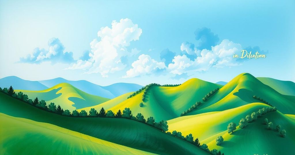 A peaceful landscape symbolizing international diplomacy with lush green hills and a clear blue sky.