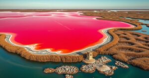 Surreal crimson lake surrounded by salt marshes and wetlands, reflecting a stunning landscape of natural beauty.