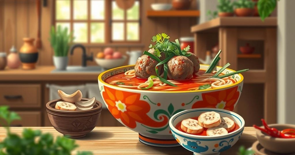 Bowl of Vietnamese bun moc topped with scallions and cilantro, alongside a bowl of pickled garlic and chili.