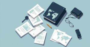 Illustration of abstract intelligence gathering with documents and maps in muted colors