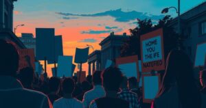 A dramatic scene of protesters holding signs in solidarity, set against a city backdrop at dusk.
