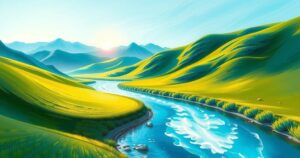A vibrant landscape depicting peaceful coexistence between two nations with lush greenery and clear skies.