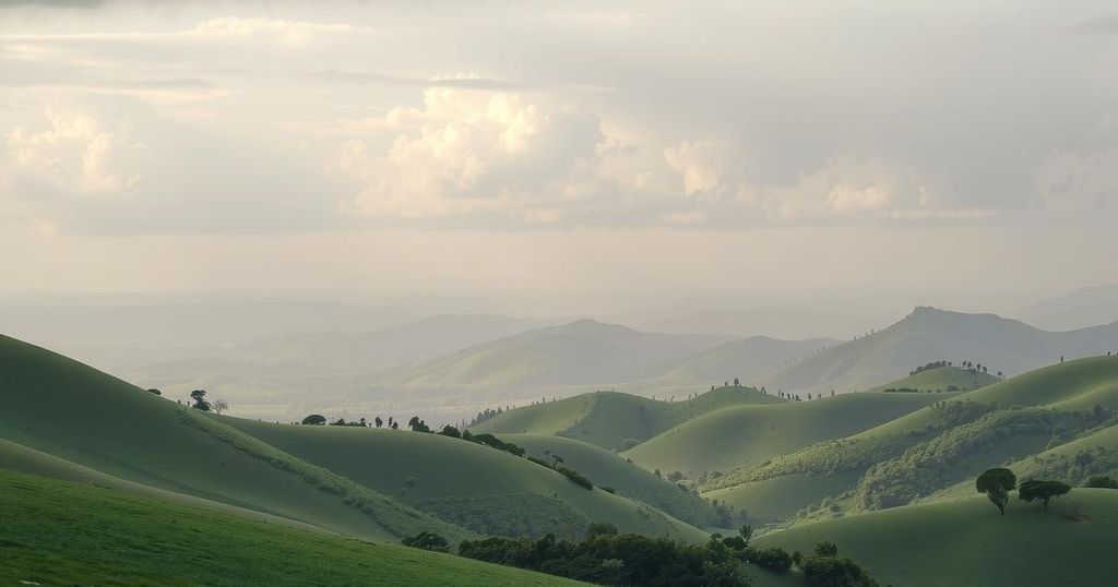 A serene landscape of the Kenyan Highlands under a grey sky, symbolizing loss and hope for peace.