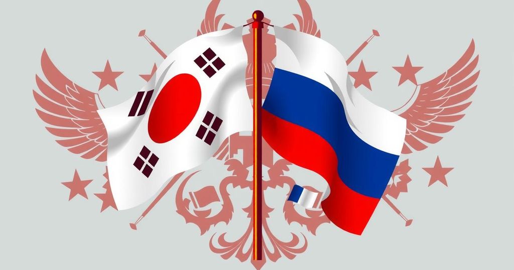 Symbolic representation of North Korea and Russia cooperation with flags and military symbols.