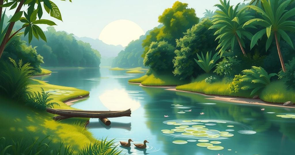 A serene landscape of River Gee, Liberia, depicting lush greenery and a tranquil river under a clear sky.