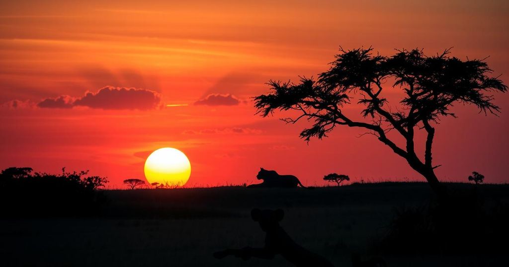 A tranquil African safari scene with a vast landscape, setting sun, and a silhouette of a lioness in the distance.