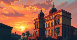 Symbolic representation of leadership transition in Nigeria, featuring a historic building and sunset colors.