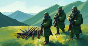 Kurdish fighters laying down arms in a symbolic peace gesture, surrounded by greenery and mountains.