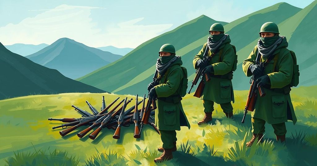 Kurdish fighters laying down arms in a symbolic peace gesture, surrounded by greenery and mountains.
