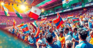 Colorful crowd at a political conference, expressing unity and enthusiasm with flags and banners.