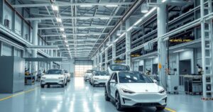 A modern electric vehicle factory equipped with high-tech machinery and assembly lines under bright lighting.