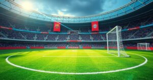 A soccer field with a vibrant green pitch, goal posts, and colorful banners representing two teams in a lively sports atmosphere.