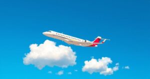 A modern airline logo set against a bright sky with two small aircraft soaring above clouds.