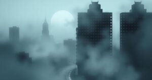 Fog-covered streets in Buenos Aires with dark buildings and blurred outlines, creating a mysterious atmosphere.