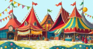 A colorful medieval festival scene with tents, banners, and festive decorations in a vibrant outdoor setting.