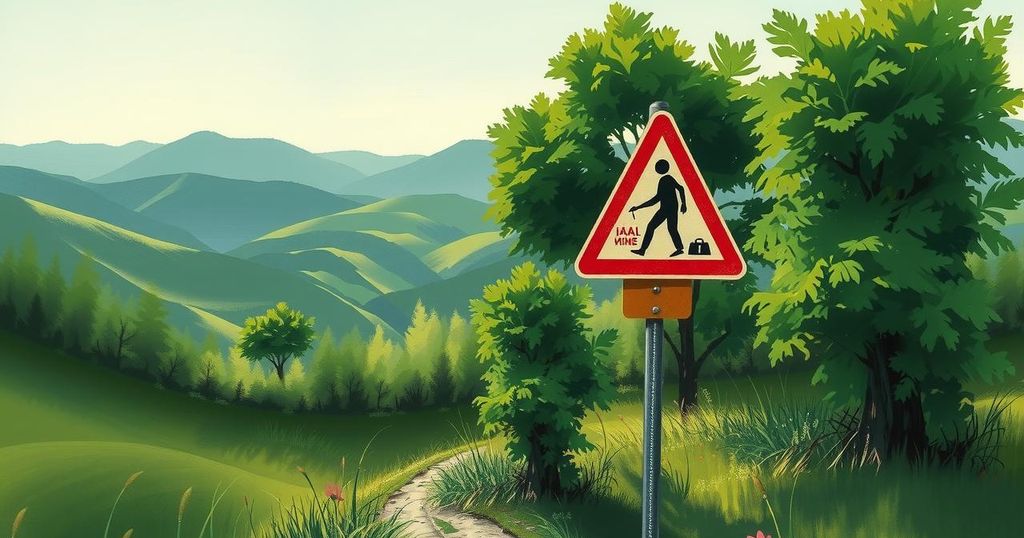 A serene Angolan landscape showcasing lush greenery and a landmine sign, symbolizing safety and awareness efforts.