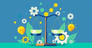 Abstract representation of political reform with a balance scale and reform symbols in vibrant colors.