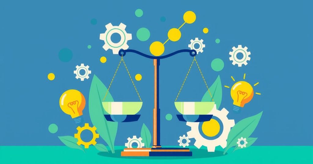 Abstract representation of political reform with a balance scale and reform symbols in vibrant colors.