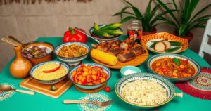 Vibrant Peruvian culinary festival scene showcasing exotic dishes, colorful ingredients, and cultural elements.